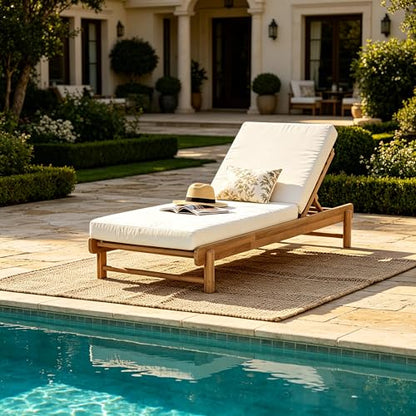 Christopher Knight Home Lara Outdoor Chaise Lounge with 4" Water-Resistant Cushion, Acacia Wood Recliner Chair Frame with Slatted Design, Patio Lounger with Adjustable Backrest, Light Teak+Cream