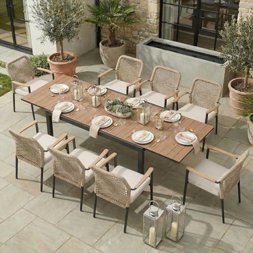 SUNSITT 9 Piece Outdoor Patio Dining Set, 63" - 105" Aluminum Expandable Outdoor Dining Table w/Thermal Transfer Wood Grain Tabletop, 8 Woven Wicker Patio Chairs w/WPC Armrests for Garden