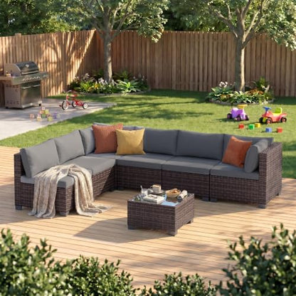 Ahomly 7-Piece Patio Furniture Set, Outdoor Sectional Couch, Grey