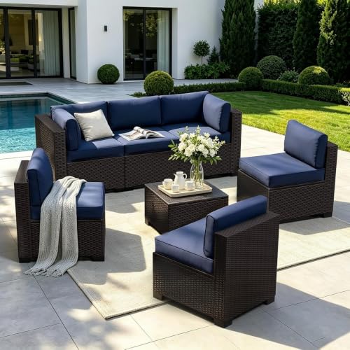 SHGJ&SOFT 7 Piece Patio Furniture Set, Modular Sectional Sofa， Blue
