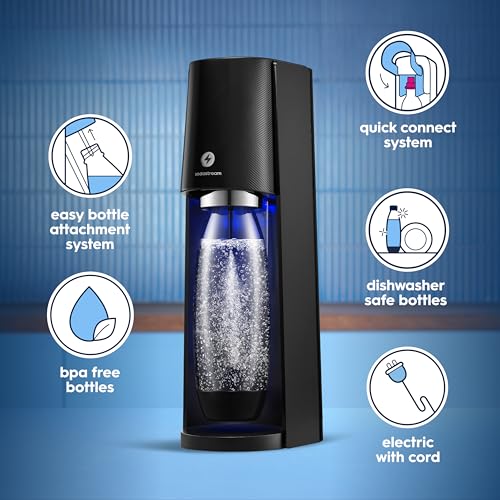 SodaStream - E-TERRA Soda Maker | STARTER KIT | 3 Automatic Carbonation Levels | Includes 1x CO2 Cylinder, 1x 32 Fl Oz Dishwasher Safe Bottle, 1x Pepsi Zero Sugar Mix, 1x Power Adapter | Black