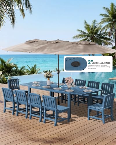 SERWALL 10-Piece Patio Dining Sets with 15FT Patio Umbrella, 60" - 83" Expandable Outdoor Dining Table and 8 HDPE Chairs, All Weather HDPE Outdoor Furniture Set, Blue (Umbreall Base not Included)
