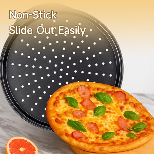 Arimagroup 2 Pack 13 Inch Pizza Pan for Oven,Round Carbon Steel Pizza Pan with Holes, Pizza Tray with 2 Silicone Gloves，for Baking, Grilling