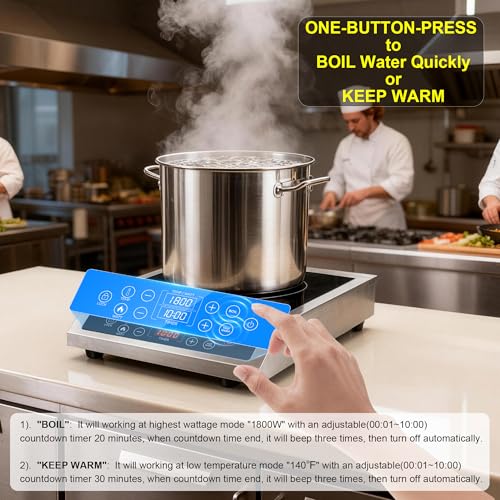 Stainless Steel Induction Cooktop, Professional Commercial Grade Single Burner Electric Cooktop, 1800W Hot Plate Portable Countertop Cooker with Temperature Control, Compatible with Magnetic Cookware