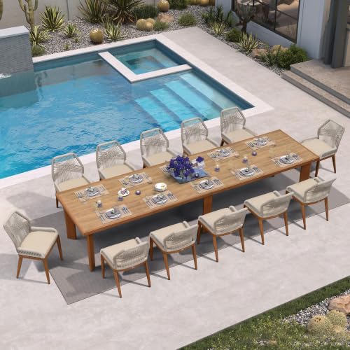PURPLE LEAF 13 Pieces Patio Dining Set with Cushion and Backrest, Deep Teak