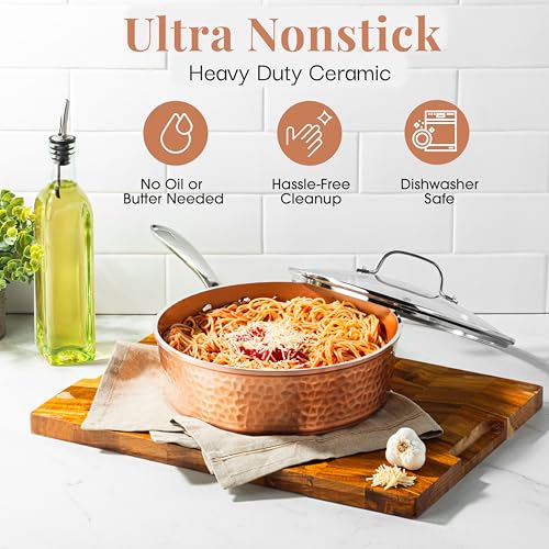 GOTHAM STEEL 4 Qt Saute Pan with Lid, Large Nonstick Skillet for Cooking, 12” Hammered Deep Frying Pan, Family Sized Pans, Ceramic Coating for Sauce, Induction Ready Oven & Dishwasher Safe, Non Toxic
