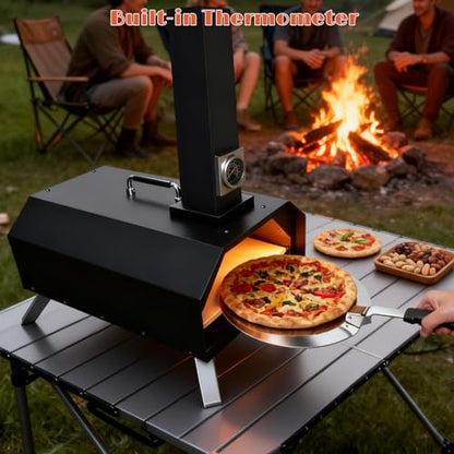 12" Wood Pellet Pizza Oven Outdoor, Portable Foldable Pizza Maker with Built-in Thermometer, Square Pizza Stone, Ideal for Camping, Backyard, Patio, Garden & Party