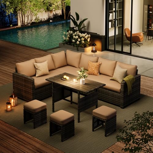 AECOJOY Outdoor Patio Furniture Set with Waterproof Cover, 7 Pieces Clearance Sectional Rattan Dining Table&Chairs, All Weather Wicker Conversation Sofa Couch, Khaki Cushions&Brown Rattan