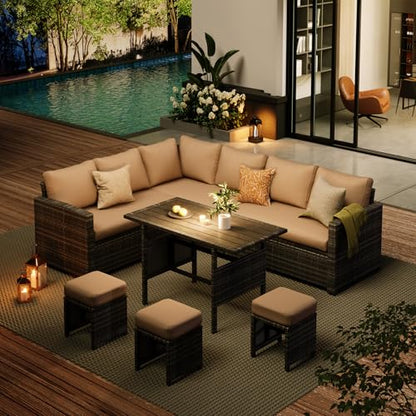 AECOJOY Outdoor Patio Furniture Set with Waterproof Cover, 7 Pieces Clearance Sectional Rattan Dining Table&Chairs, All Weather Wicker Conversation Sofa Couch, Khaki Cushions&Brown Rattan