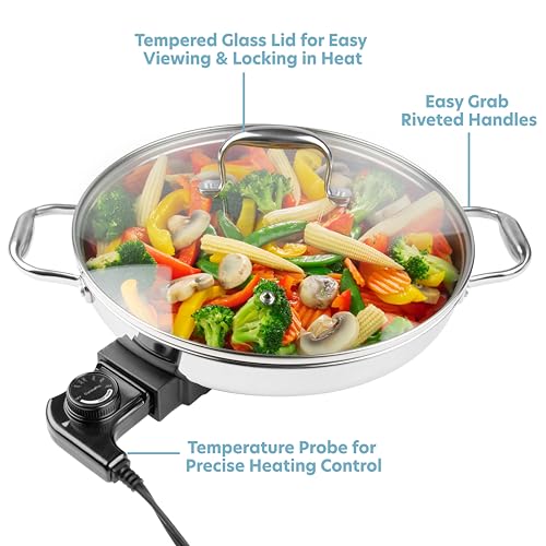 Electric Skillet By CucinaPro- 18/10 Stainless Steel, Frying Pan w Non Stick Interior, Tempered Glass Lid w Handles, 12" Round, Temperature Control Probe for Adjustable Heat Settings, Portable, Gift