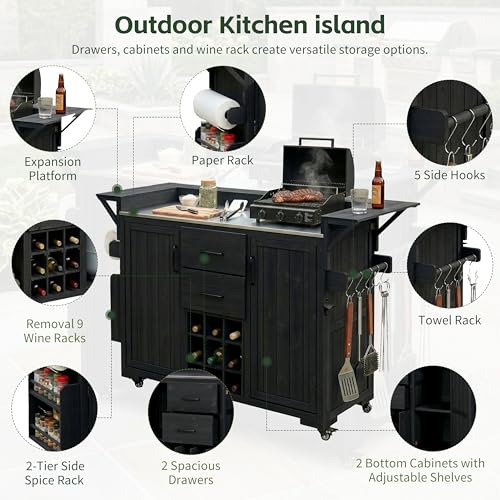 Merax 60.2''W Outdoor Kitchen Island on Wheels with Stainless Steel Top, Wood Rolling Patio Grill Cart with Storage Cabinets, Drawers, Spice Rack & Wine Rack, Outdoor Grill BBQ Prep Table, Black