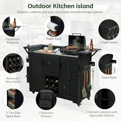 Merax 60.2''W Outdoor Kitchen Island on Wheels with Stainless Steel Top, Wood Rolling Patio Grill Cart with Storage Cabinets, Drawers, Spice Rack & Wine Rack, Outdoor Grill BBQ Prep Table, Black