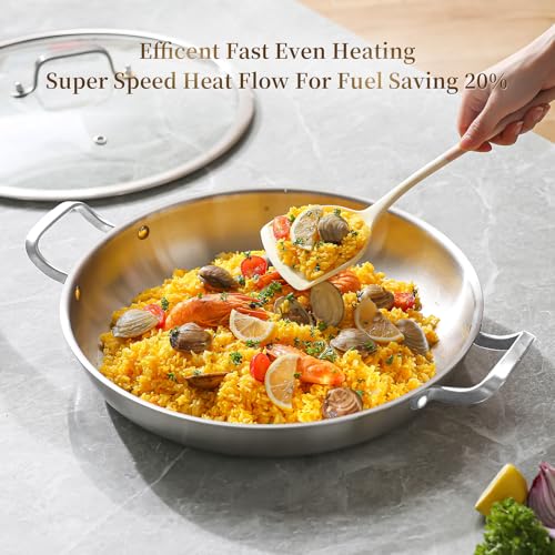DELARLO Paella Pan 14 Inch Tri-Ply Stainless Steel Paella Pan with Lid, Jumbo Frying Pan, kitchen Induction Large Skillets,Great for Paella Parties Indoors Outdoors,Heavy Duty Style