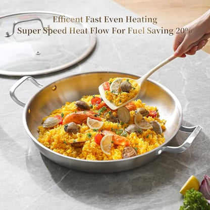 DELARLO Paella Pan 14 Inch Tri-Ply Stainless Steel Paella Pan with Lid, Jumbo Frying Pan, kitchen Induction Large Skillets,Great for Paella Parties Indoors Outdoors,Heavy Duty Style