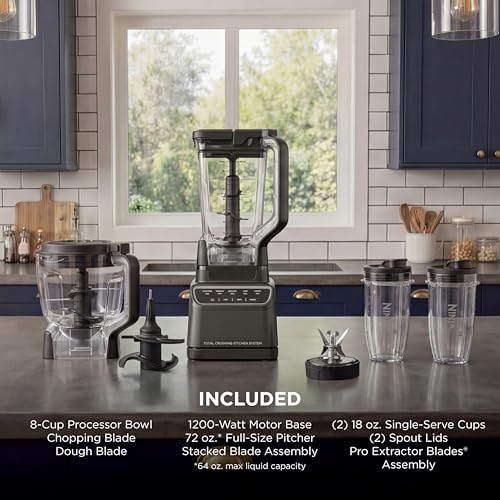 Ninja Kitchen System | All-in-One for Smoothies, Frozen Drinks, Veggie Chopper & More | With Full-Size Pitcher, 8 Cup Food Processor Bowl, (2) 18 oz. Cups, | 1200 Watt | Dark Grey | BR601AMZ