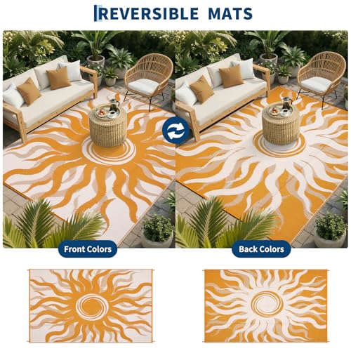 Garvee Outdoor Rug 5x8 Waterproof Patio Rugs with Boho Sun Pattern, Reversible Plastic Straw Camping Rugs Outdoor Indoor RV Mat Carpet for Deck, Backyard, Picnic, Porch, Balcony, Beach, Orange