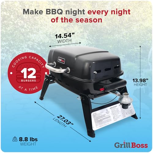 Grill Boss 1 Burner Portable Gas Grill, 10,000 BTU Propane Tabletop BBQ with Porcelain Coated Grate for Camping, Patio, and Outdoor Cooking, Black
