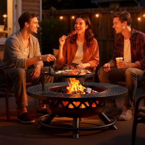 BALI OUTDOORS Fire Pit with Poker, 40 inch Outdoor Fire Pit Patio, Wood Burning Firepits for Outside with Grill