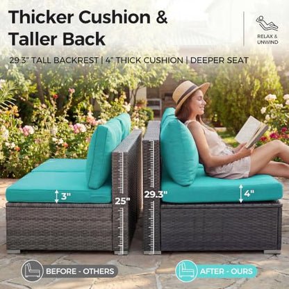 NICESOUL 20 Piece Extra Large Patio Furniture Set w/Fire Pit Table & Chaise Lounge, Modern Luxury Outdoor Group Seating w/Firepit, Comfortable 29.3" High-Back Sectional Couch Deep Seat, Gray & Teal
