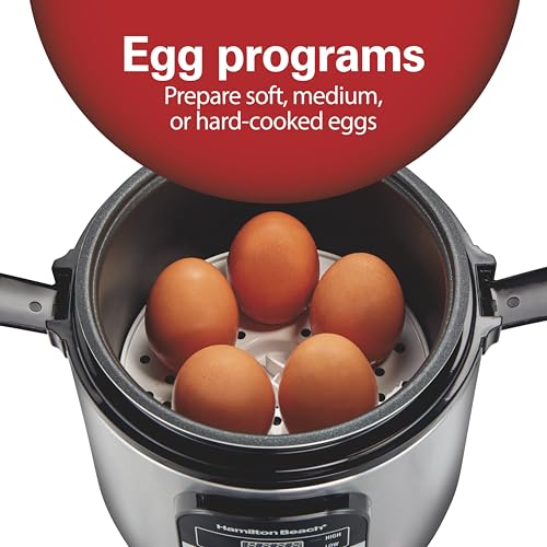Hamilton Beach Digital Programmable Rice Cooker & Food Steamer, with Slow Hard-Boiled Egg Functions, Egg/Steam Tray, Small & Compact, 6 Cups Cooked (3 Uncooked), Stainless Steel (37524)