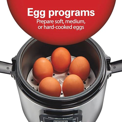 Hamilton Beach Digital Programmable Rice Cooker & Food Steamer, with Slow Hard-Boiled Egg Functions, Egg/Steam Tray, Small & Compact, 6 Cups Cooked (3 Uncooked), Stainless Steel (37524)