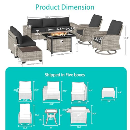 Muphyers 10-Piece Outdoor Patio Furniture Set with Rocking Swivel Chair, PE Wicker Rattan Sectional Sofa Patio Conversation Set with 55,000 BTU Fire Pit Table & Coffee Table, Dark Grey