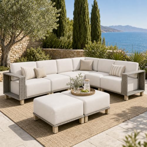 Aoxun Patio Furniture Set with 10'' Thick Cushions (8 Piece, Gray/Beige)