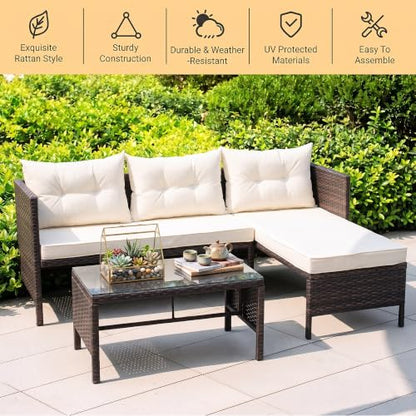 OMNIBERG 5 Piece Outdoor Sectional Patio Furniture Sets, All Weather Outdoor Wicker Rattan Patio Conversation Set, Patio Seating Sofas with Cushions, Lumbar Pillows and Tempered Glass Table