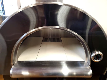 3 Piece Pizza Oven + Black Stainless Steel 6 Burner Black Marble Top Modular Island BBQ Outdoor Electric Propane Grill Kitchen with Fridge, Sink, Side Burner, LED Lights on Knobs, and Grill Cover