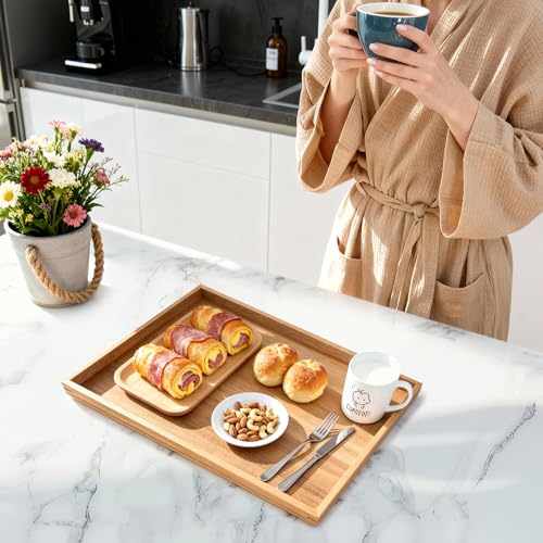 SimpleArt Acacia Wood Serving Tray: Rectangular Wooden Tray for Coffee Table,Large Serving Trays Platter for Breakfast in Bed, Dinner,Tray for Living Room Bedroom Entryway and Kitchen
