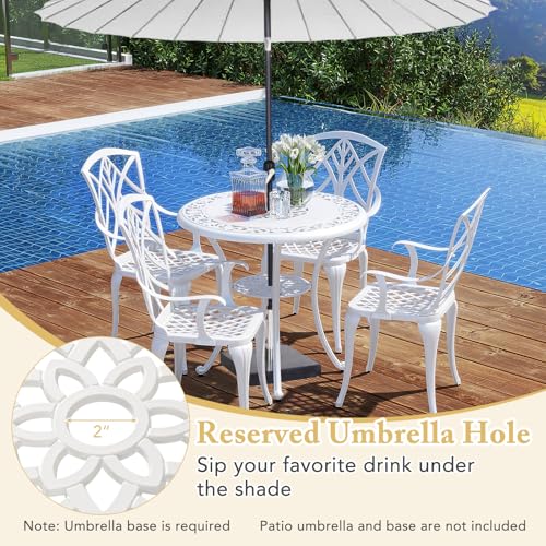 Tangkula 5 Pieces Cast Aluminum Outdoor Dining Set, Round Dining Table with 2” Umbrella Hole & 4 Armchairs, All-Weather Outdoor Furniture Set for Patio, Balcony, Garden & Backyard, White