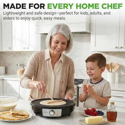 Nutrichef Electric Crepe Maker & Griddle Cooktop - Nonstick 12 Inch Aluminum Hot Plate with LED Indicator Lights & Adjustable Temperature Control - Wooden Spatula & Batter Spreader Included