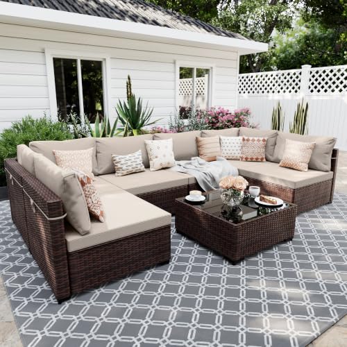 UPHA 7-Piece Wicker Patio Furniture Set with Coffee Table, Beige