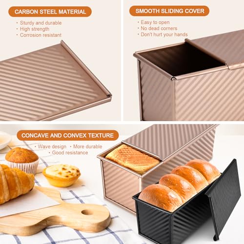 Dipanist 2Pack Pullman Loaf Pans with Lids – 2.2 LB & 1 LB Dough Capacity, Non-Stick Carbon Steel Bread Pans for Homemade Sandwich and Sourdough Bread, Corrugated Toast Mold