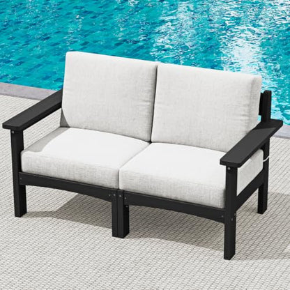 SERWALL HDPE Outdoor Loveseat Sofa, Outdoor 2 Pieces Single Sofa, Black