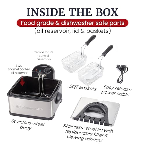 Elite Gourmet Electric Deep Fryer, 4.5 Qt Total Oil Capacity (Dual 2-Qt Split Baskets), 1700 Watts, Stainless Steel, Separates Foods for Simultaneous Cooking, Stainless Steel