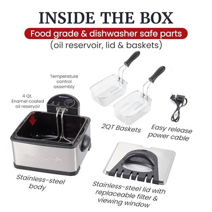Elite Gourmet Electric Deep Fryer, 4.5 Qt Total Oil Capacity (Dual 2-Qt Split Baskets), 1700 Watts, Stainless Steel, Separates Foods for Simultaneous Cooking, Stainless Steel