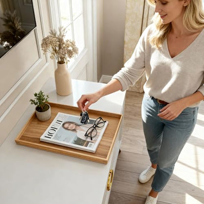 SimpleArt Acacia Wood Serving Tray: Rectangular Wooden Tray for Coffee Table,Large Serving Trays Platter for Breakfast in Bed, Dinner,Tray for Living Room Bedroom Entryway and Kitchen