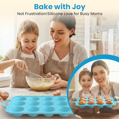 RCMo 2Pack Silicone Muffin Pan for Baking with Metal Reinforced Frame, 12 Cup Regular Size Cupcake Pan, BPA Free Silicone Muffin Tray, Cupcake Baking Pan Molds for Oven Dishwasher Safe - Blue