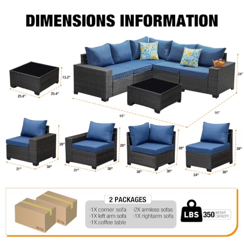 JOYURE 6 Pieces Patio Furniture Set All-Weather Outdoor Wicker Sectional Conversation Sofa Rattan Patio Seating Sofa with Cushion and Glass Table for Porch Poolside,Navy
