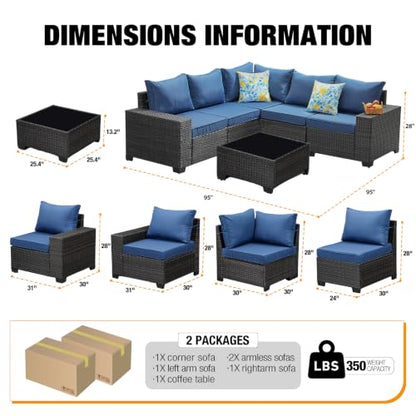 JOYURE 6 Pieces Patio Furniture Set All-Weather Outdoor Wicker Sectional Conversation Sofa Rattan Patio Seating Sofa with Cushion and Glass Table for Porch Poolside,Navy