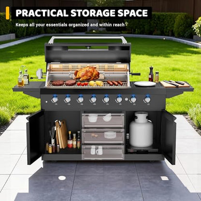 CT Copper Tailor 83-inch Outdoor Kitchen BBQ Gas Grill Island, 6 Main Burners, Infrared Rear & Side Burner,99,000 BTU, Stainless Steel, Foldable Side Table, Double Storage Cabinets & 3 Drawers