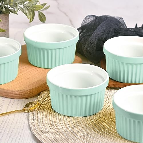 homEdge Porcelain Ramekins Set with Lid, 240 ml / 8 Fl Ounces Ice Cream Bowl, Creme Brûlée Ramekins Soufflé Cup for Baking, Set of 6 Mint Green