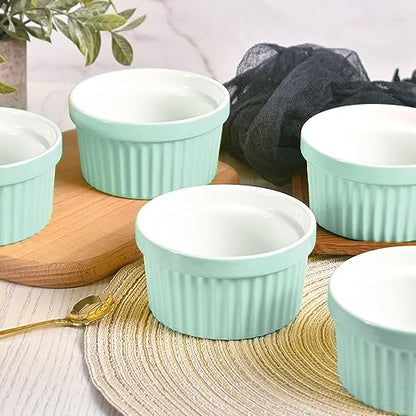 homEdge Porcelain Ramekins Set with Lid, 240 ml / 8 Fl Ounces Ice Cream Bowl, Creme Brûlée Ramekins Soufflé Cup for Baking, Set of 6 Mint Green