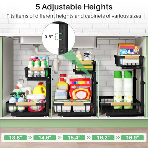Kitstorack Under Sink Organizer, 2 Tier Under the Sink Storage, Slide out Pull out Cabinet Organizer Shelf, Metal Sliding Drawer for Kitchen Bathroom Pantry Closet Organization Rack, Black, 2 Pack