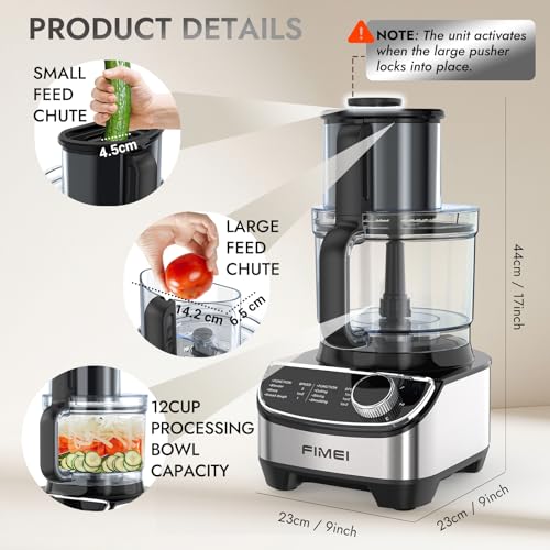 FIMEI 12-Cup Food Processor and Vegetable Chopper, 600W Electric Food Chopper for Slicing, Shredding, Chopping, Pureeing, Dough, Baby Food Maker, Large Feed Chute, Dishwasher Safe Bowl