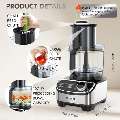 FIMEI 12-Cup Food Processor and Vegetable Chopper, 600W Electric Food Chopper for Slicing, Shredding, Chopping, Pureeing, Dough, Baby Food Maker, Large Feed Chute, Dishwasher Safe Bowl