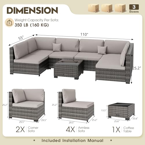 LHBcraft 7 Piece Patio Outdoor Furniture Set, Outdoor Sectional, All-Weather Hand-Woven Wicker Patio Sectional Sofa, Rattan Outside Furniture with Grey Cushion and Glass Coffee Table
