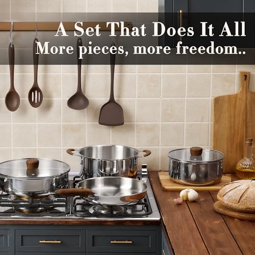CAROTE 19pcs Stainless Steel Cookware Set with Detachable Handle, Pots and Pans Set, Induction Kitchen Cooking Sets, RV/Camping Cookware, Removable Handle, Oven Safe, Woodgrain, Mothers Day Gifts