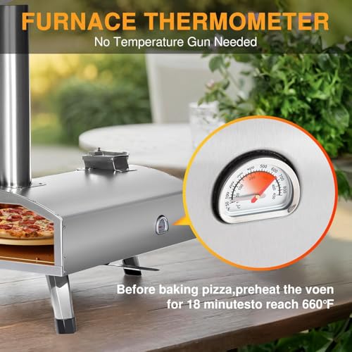 12” Portable Wood Fired Pizza Oven - Stainless Steel Pellet Pizza Stove with Rotating Stone for Outdoor Cooking, Backyard & Camping